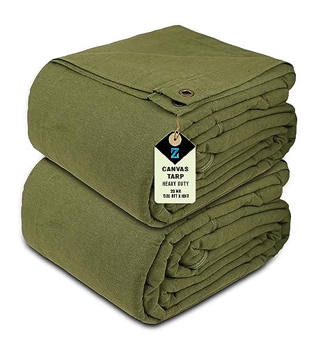 Zuperia 2 Pack Canvas Tarp, 8' x 10' ft, 28 MIL, with Rustproof Grommets, Waterproof, Heavy Duty Multipurpose Tarpaulin Cover for Canopy Tent, Roof, Camping, Woodpile (Olive Green)