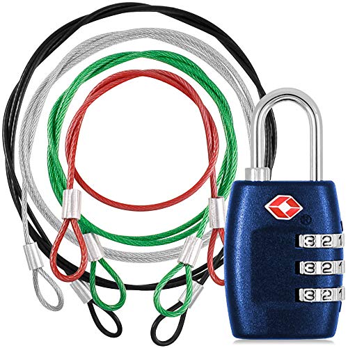 DanziX TSA Approved Lock and 4 Colors Stainless Steel Safety Tether，3-Dial Combination Travel Luggage Lock with Lanyard Security Cable for Protect Your Different Sizes of Suitcase,Baggage-Deep Blue