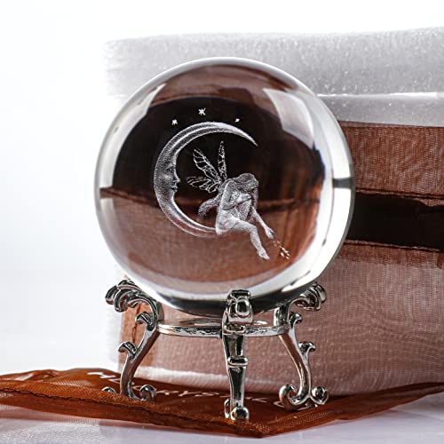 ZEERSHEE 60mm 3D Laser Engraved Crystal Fairy & Moon Ball Figurine 3D Crystal Ball Sphere with Stand Glass Paperweights Table Decor for Girls Daughters