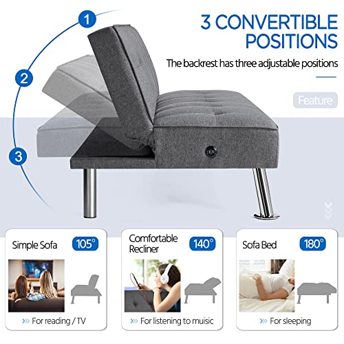 Yaheetech Modern Convertible Futon Sofa Bed w/ 2 Integrated USB Charging Ports Fabric Loveseat Couch Metal Legs, 3 Angles Adjustable Back for Compact Living Space, Apartment, Dorm, Bonus Room Gray