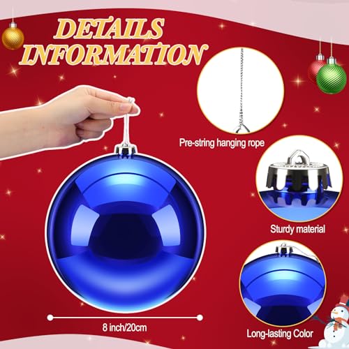 4 Pcs Large Christmas Ball Ornaments Giant Commercial Grade Plastic Christmas Ball Hanging Decorations 8'' (200 Mm) for Outdoor Holiday Party Decors Christmas Tree(Shiny Blue)