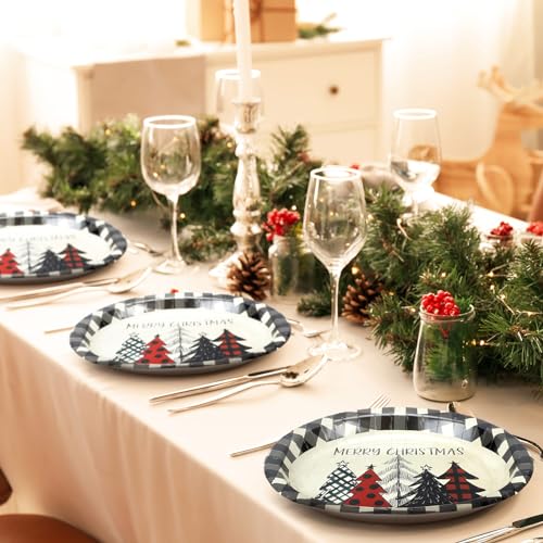 Ziliny 50 Count Christmas Oval Paper Plates Platter 10 x 12 Inch Christmas Disposable Platters Xmas Tree Buffalo Plaid Merry Christmas Plates Dinnerware Serving Tray for Holiday Dinner Party Supplies
