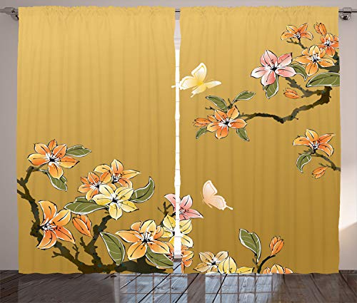 Ambesonne Ethnic Curtains, Chinese Ink Butterfly Plum Motif Heritage Oriental Eastern Ill?stration, Living Room Bedroom Window Drapes 2 Panel Set, 108" X 96", Pastel Yellow
