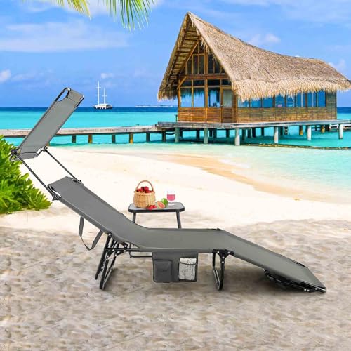 Costway Outdoor Folding Chaise Lounge, Sun Lounger Bed w/Adjustable Backrest, Rotatable Canopy & Storage Pocket, Portable Beach Deck Recliner Chair for Poolside, Beach & Sunbathing (Grey)