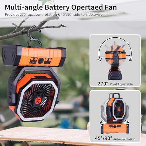 𝟮𝟬𝟬𝟬𝟬𝗺𝗔𝗵 Camping Fan Battery Powered Fan with LED Lantern, Portable Camping Fan for tents, 8H Timer & 270°Osicllating Fan Rechargeable Battery Operated Fan, USB Desk Fan Beach Fan with Hook