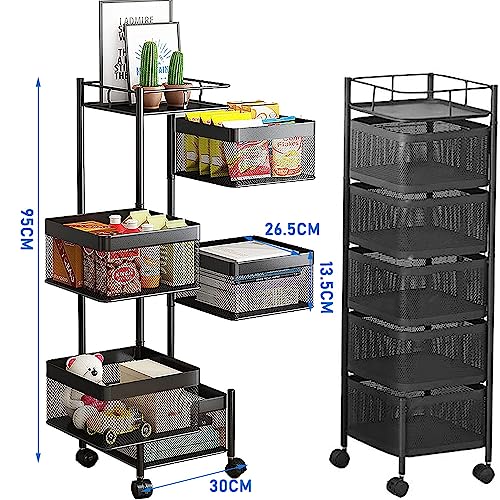 Kitchen Trolley Fruit Vegetable Organiser Holder Rotating Storage Basket Rack with Wheels Metal Rolling Utility Cart (5 Tier)