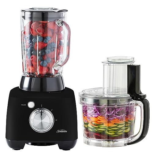 Sunbeam Multi Food Processor Plus | 2-in-1 Blender & Processor, Durable Attachments for 14 Meal Prep Tasks, 2L BPA-Free Bowl, 1.5L Glass Blender Jug for Smoothies, 2 Speeds Plus Pulse, Black,LCP6000BK