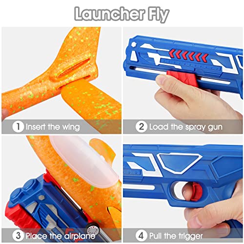 2 Pcs Flying Airplane Toys with Launcher,Foam Glider Planes,Kids Outdoor Toys Yard Games, for 4 5 6 7 8 9 10 Years Old Boys Girls, Airplane Birthday Party Supplies(Red,Blue)