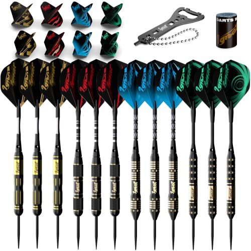 IgnatGames Steel Tip Darts Set - Professional Darts with Aluminum Shafts, Rubber O'Rings, and Extra Flights + Dart Sharpener + Innovative Case + Darts Guide