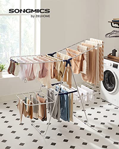 SONGMICS 2-Level Clothes Airer, Stainless Steel Drying Rack, Laundry Rack with Height-Adjustable Wings, Free-Standing, for Socks, Bed Linen, Clothing, Foldable, Stable, Blue LLR53BU, 156 x 61 x 113 cm