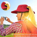Women's Wide-Brim Ponytail Sun Hat – UV Protective Summer Beach Visor with Ventilated Mesh Design, Adjustable Anti-UV Floppy Cap Watermelon Red