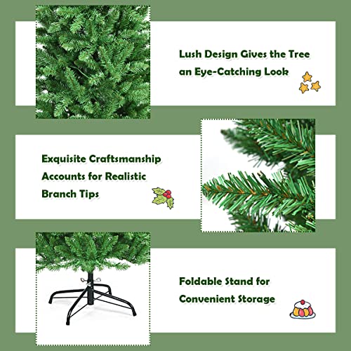 Costway 1.8m/6ft Pre-lit Pencil Christmas Tree,Artificial Hinged Fir Christmas Tree with 743 PVC Tips and 250 SAA certificated LED Lights, Christmas Drcoration with Sturdy Iron Stand, Easy Set-up