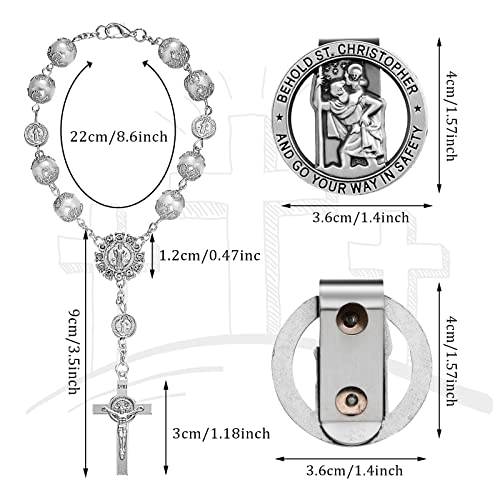 4 Pcs Saint Benedict Silver Car Rosary Rearview Mirror Auto Rosary Hanging Personalized with Car Silver Saint Christopher Visor Clip Religious Car Medals, Car Mirror Hanging Accessories for Truck Bike