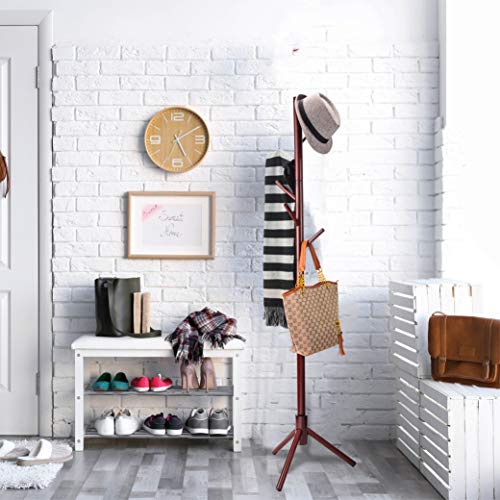 (Cherry) - Zober Premium Wooden Coat Rack Free Standing, with 6 Hooks Lacquered Pine Wood Tree Coat Rack Stand for Coats, Hats, Scarves, Clothes, and Handbags - Cherry Wood Finish