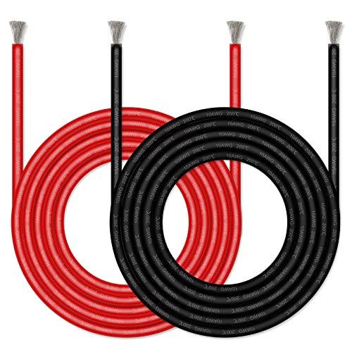 Glarks 10 Gauge High Temp Silicone Wire 6 ft red and 6 ft Black Flexible Insulated Copper Wire