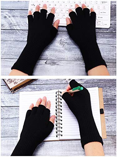 2 Pairs Unisex Fingerless Gloves Half Finger Stretchy Knit Gloves Lengthen Wrist Mittens Winter Warm Gloves, Black, Medium