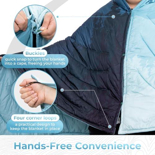 KingCamp Camping Blanket, Ultra Lightweight Stylish Printed Blanket, Puffy Warm Quilt with Snap Button, Portable for Travel, Stadium, Airplane, 69" x 53", Cyan