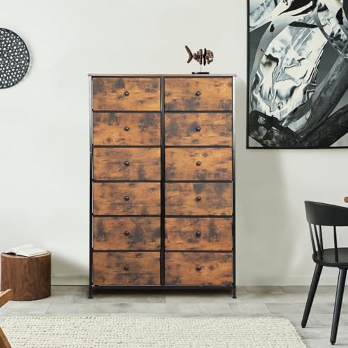 LEVEDE Chest of 12 Drawers, Tallboy Storage Cabinet, Tower Dresser Organizer Clothes Toys Storage Unit, Home Furniture for Bedroom, Living Room, Hallway, Office (Retro Brown)