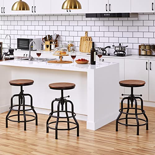 Yaheetech Industrial Bar Stool Vintage Counter Stool Rustic Counter Height Bar Stool Adjustable Metal Stool with Round Wood Seat Kitchen/Dining/Cafe Chair 20-27 Inch Tall, Brown, 1PCS