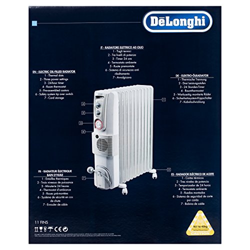 De'Longhi, Portable Oil Column Heater, 2400W with Timer, Addional Fan to Boost Heat, Castors and Cool-Touch Handle, 24 H, DL2401TF, White