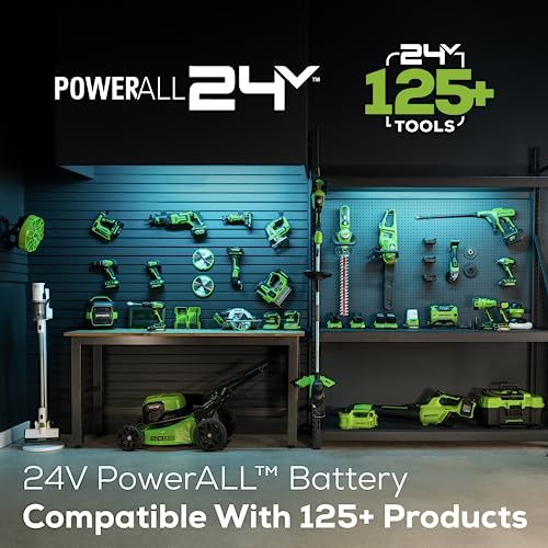 Greenworks 48V (2 x 24V) Cordless Axial Blower (515 CFM / 125 MPH), (2) 2.0Ah Batteries and Dual Port Charger with 24V Pole Saw