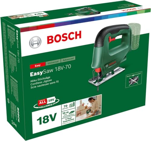 Bosch Home & Garden 18V Cordless Jigsaw Without Battery, 1 Blade Inc, Adjustable Plate, Speed Select (EasySaw 18V-70)