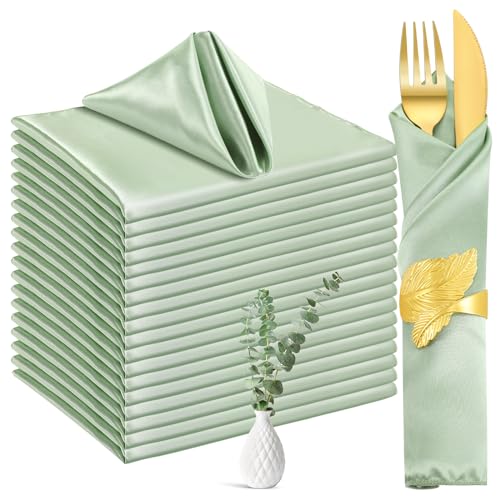 Tatuo 50 Pack Square Satin Napkins Reusable Table Napkin Smooth Fabric Cloth Dinner Napkins Washable Soft Silk Napkin for Weddings Restaurant Dinner Party Decoration, 17 x 17 Inch (Sage Green)