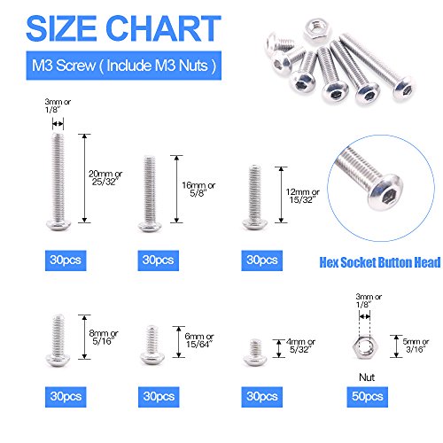 Glarks 230Pcs M3 Stainless Steel Allen Hex Drive Button Head Socket Cap Bolts Screws Nuts Assortment Kit (M3)