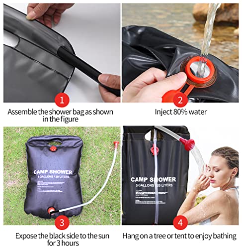 DkOvn 2 Pack Solar Shower Bag, 5 Gallons/20L Camping Shower Bag, Portable Shower Bag with Removable Hose and On-Off Switchable Shower Head for Camping Beach Swimming Outdoor Traveling