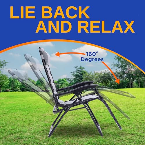 SereneLife Foldable Outdoor Zero Gravity Padded Lawn Chair, Adjustable Steel Mesh Recliners, w/Removable Pillows and Cup Holder Side Tables, Gray and Black