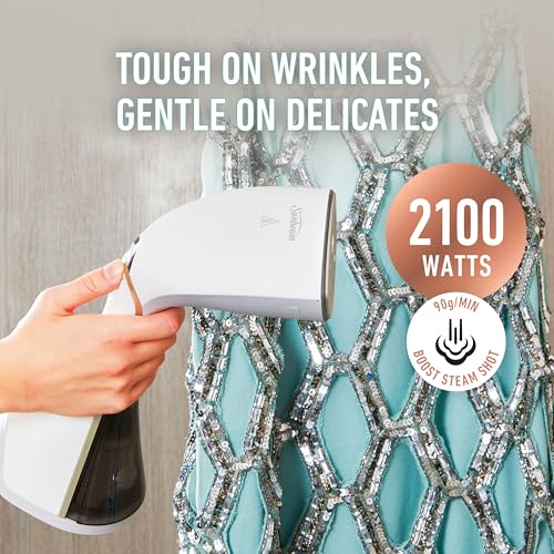 Sunbeam Power Boost Handheld Garment Steamer | 2100W, 90g/Min Steam Shot Clothes Steamer, Fast Heat Up Travel Steamer, Durable Scratch Resistant Cermaic Plate, White & Gold SCG2000