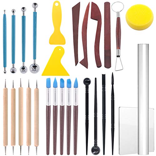 Glarks 28Pcs Carving Modeling Clay Sculpting Tools Set Including Plastic Modeling Tools, Dual-End Dotting Clay Tools, Ball Stylus, Silicone Tip Pens and Sculpture Knives for Embossing Art, Coloring