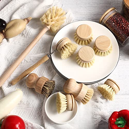 10 Pieces Wooden Kitchen Brush Set Bamboo Dish Brush Set Wooden Dish Washing Brush Wood Bottle Brush with Replacement Heads for Dishes, Wide Mouth Bottles, Cups and Jars