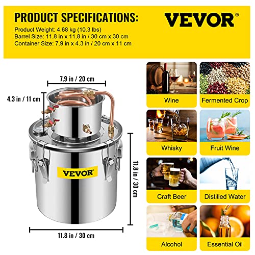 VEVOR Moonshine Still 5 Gal 21L Stainless Steel Water Alcohol Distiller Copper Tube Home Brewing Kit Build-in Thermometer for DIY Whisky Wine Brandy, 5Gal, Silver