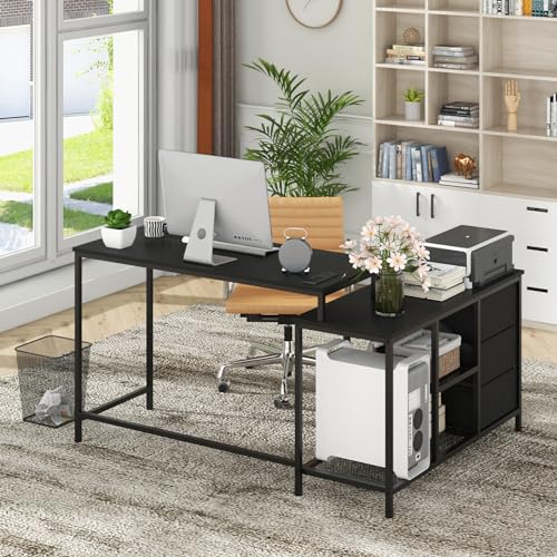 Giantex L-Shaped Computer Desk with Power Outlet, Convertible Corner Desk with 3 Fabric Drawers & Metal Mesh Shelves, 205 cm Long Office Desk for Working, Studying, Gaming (Black)