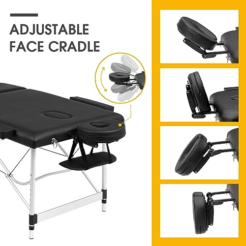 Advwin Massage Table, Portable Massage Bed 70cm 3 Fold Massage Therapy Table Spa Bed Adjustable Salon Bed Face Cradle Bed Black