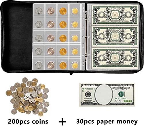 200 Pockets Coins Collecting Album & 30 Sleeves Paper Money Display Storage Case,Coin Collection Book Holder for Coin Currency Collection Supplies, Bill, Pennies, Quarters, Stamp