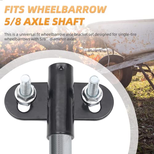 (1 Set) Heavy-Duty Wheelbarrow Axle Bracket Set - 10” x 0.63” Wheelbarrow Axle Shaft and 2.1” x 3.3” Brackets - Compatible with 5/8” Wheelbarrow Axles - Includes Bolts and Nuts