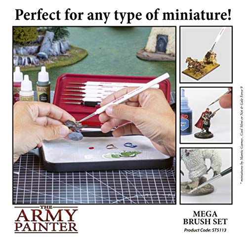 10 Miniature Paint Brushes with FREE Masterclass Kolinsky Sable Hair Brush - Durable Miniatures Paint Brush Set, Wargamer Brushes with Comfortable Grip - Wargames Mega Brush Set by The Army Painter