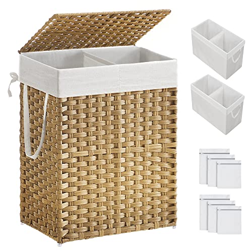 SONGMICS Laundry Basket with Lid, 90L Washing Basket 2 Compartments, Removable Liners with Handles, Handwoven Synthetic Rattan, for Bedroom, Bathroom, Laundry Room, 33x 46 x 60 cm, Natural LCB251N01V1