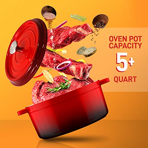NutriChef Enameled Cast Iron Dutch Oven-5-Quart Kitchen Round Dutch Oven Stovetop Casserole Cookware, Porcelain Enamel Coated Cast-Iron Baking Pots w/Self Basting Lid-NCCIEC45(Red),Medium
