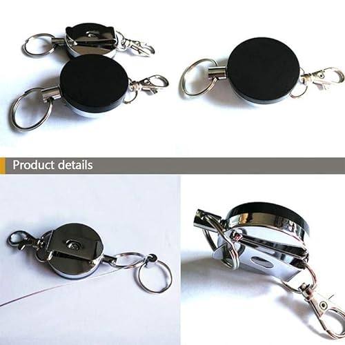 2-Pack Recoil Key Ring Retractable Chain, 46cm Heavy-Duty Metal, Belt Clip Extendable Keyring, ID Pull Holder Reel, Black & Silver