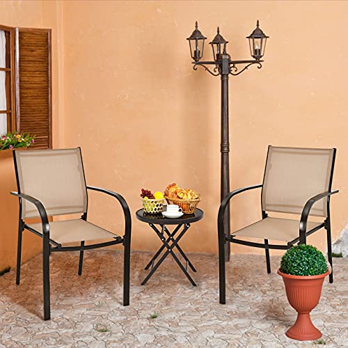 Costway 2 Pieces Outdoor Dining Chairs, Stackable Chairs with Armrests and Breathable Fabric, Patio Bistro Chairs for Garden, Backyard and Poolside