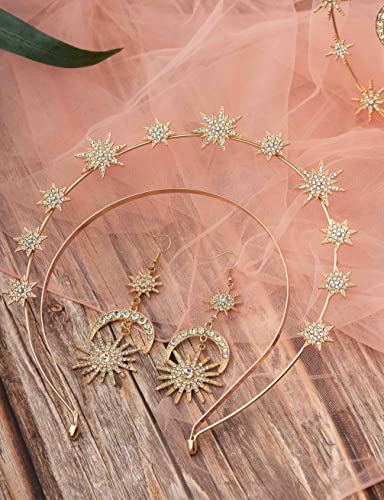 Halo Crown Moon Stars Goddess Crown Halo Headband Tiaras and Crowns for Women Boho Bridal Wedding Headpiece, 3 Piece Set, Rubber