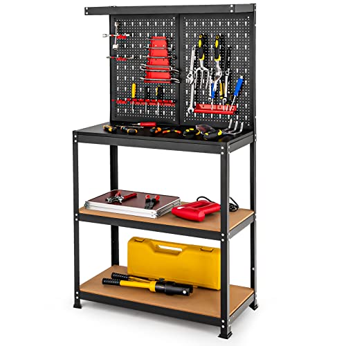 Goplus Workbench with Pegboard, 31.5” x 16” Work Bench for Garage with 2 Open Shelves, 14 Hanging Accessories, 528LBS Capacity, Heavy Duty Steel Tool Bench Work Table for Shop, Home