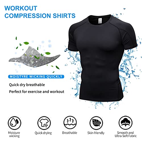 Men's Compression Shirts Short Sleeve Workout Gym T-Shirt Running Tops Cool Dry Sports Base Layer Athletic Undershirts, 3pcs
