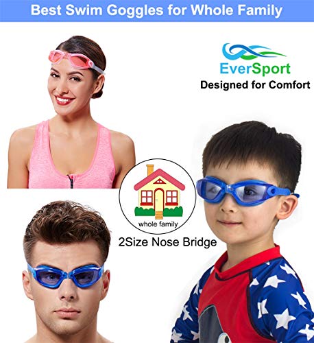 (01: Blue & Pink(2-Pack)) - EVERSPORT Swim Goggles (2 Pack or 1 Pack), Swimming Goggles Swim Glasses Anti fog UV Protection for Adult Men Women Youth Kids Child, Shatter-proof, Watertight