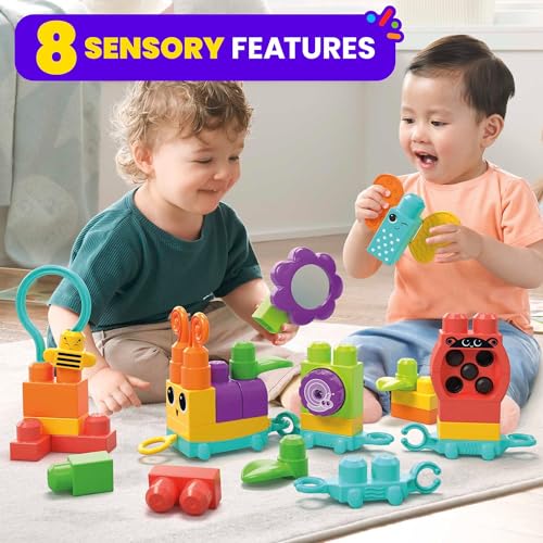 MEGA BLOKS Fisher-Price Sensory Building Blocks Toy, Move n Groove Caterpillar Train with 24 Pieces and Pull String, Toddlers Age 1+ Years