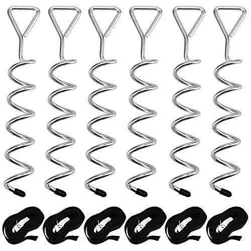 SINJEUN Set of 6 Trampoline Anchor Kit, Heavy Duty Trampoline Ground Anchor Kit with 2.3M Adjustable Straps, Trampoline Tie Down Kit Spiral Ground Pegs for Tents, Swings, Garden Sheds, Black