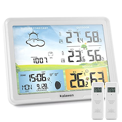 Kalawen Weather Station for Home with 2 Wireless Outdoor Sensor Digital Colour Weather Station Indoor Outdoor with Temperature Humidity Atomic Clock Forecast Station and Calendar